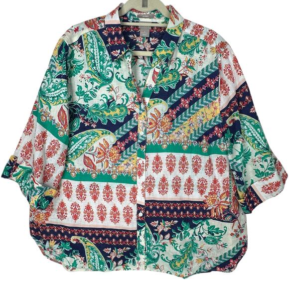 Chicos Shirt Top Womens Plus Size 20 /22 (4) No Iron Linen Button Floral Paisley - Picture 1 of 5